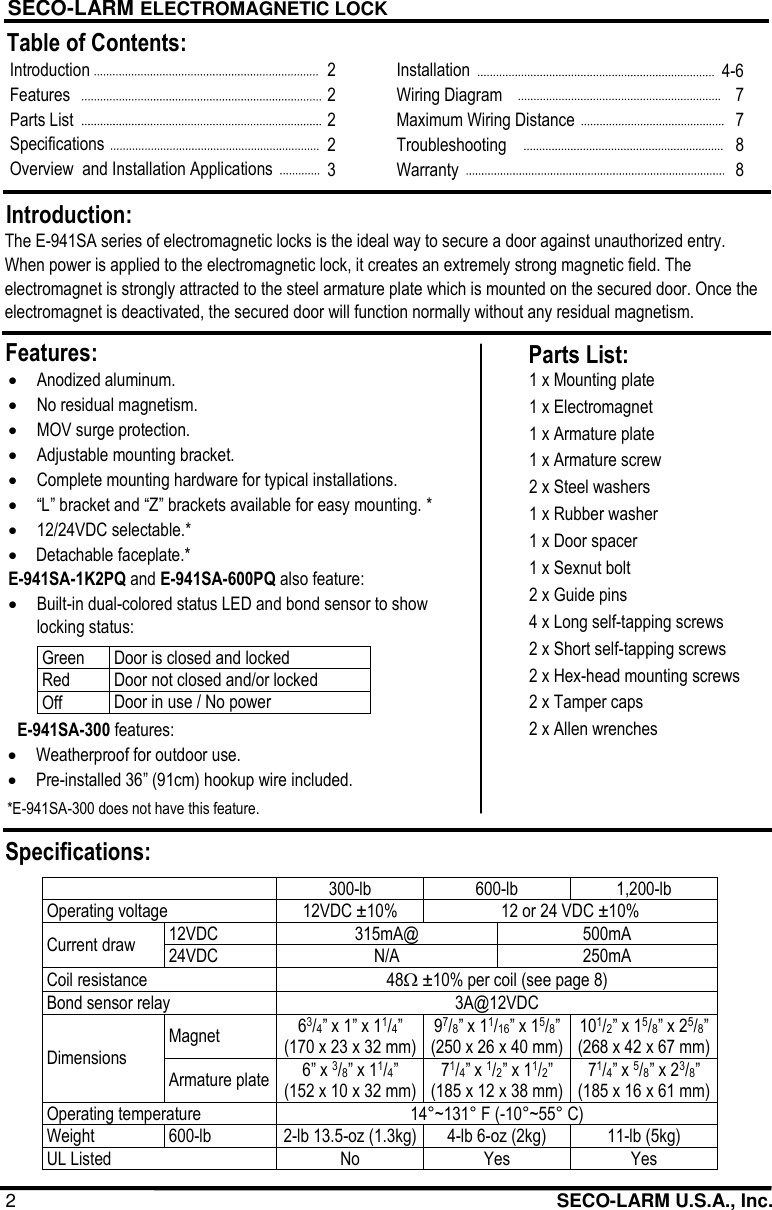 Page 2 of 8 - Seco-Larm-Usa Seco-Larm-Usa-Electromagnetic-Lock-E-941Sa-1K2Pq-Users-Manual-  Seco-larm-usa-electromagnetic-lock-e-941sa-1k2pq-users-manual