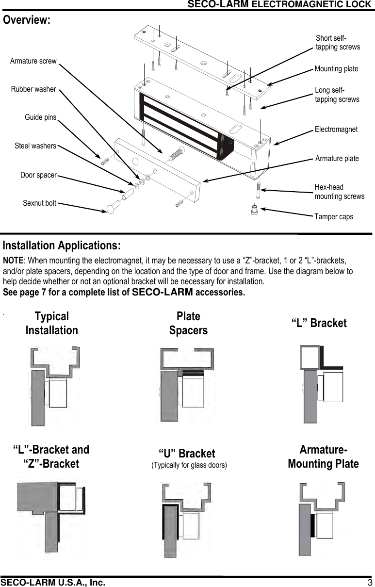 Page 3 of 8 - Seco-Larm-Usa Seco-Larm-Usa-Electromagnetic-Lock-E-941Sa-1K2Pq-Users-Manual-  Seco-larm-usa-electromagnetic-lock-e-941sa-1k2pq-users-manual