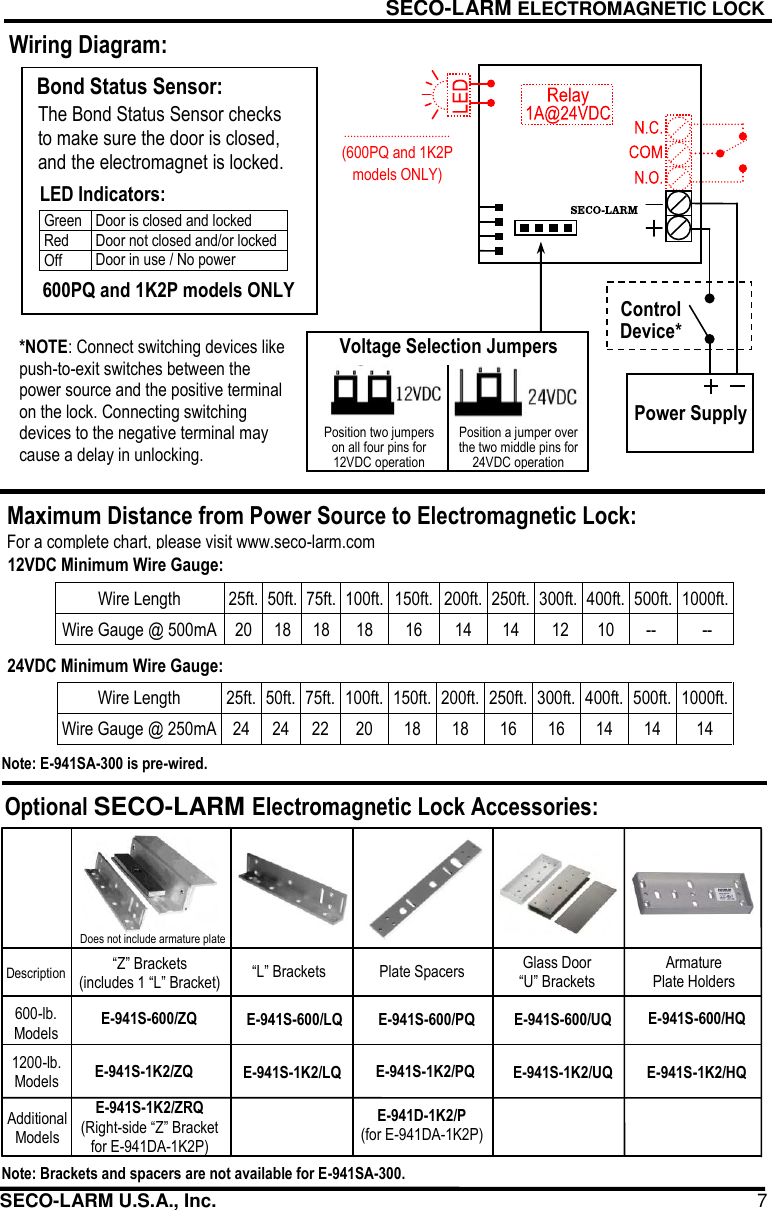 Page 7 of 8 - Seco-Larm-Usa Seco-Larm-Usa-Electromagnetic-Lock-E-941Sa-1K2Pq-Users-Manual-  Seco-larm-usa-electromagnetic-lock-e-941sa-1k2pq-users-manual