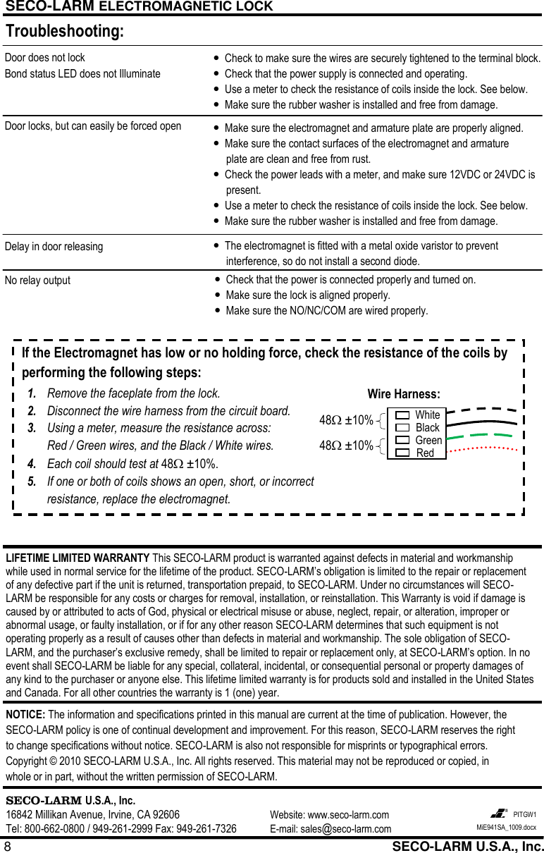 Page 8 of 8 - Seco-Larm-Usa Seco-Larm-Usa-Electromagnetic-Lock-E-941Sa-1K2Pq-Users-Manual-  Seco-larm-usa-electromagnetic-lock-e-941sa-1k2pq-users-manual