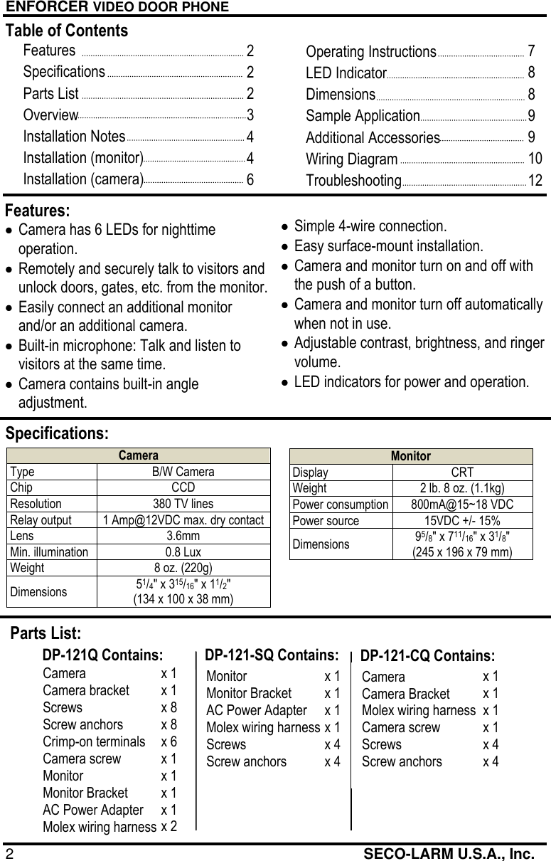 Page 2 of 12 - Seco-Larm-Usa Seco-Larm-Usa-Enforcer-Dp-121Q-Users-Manual-  Seco-larm-usa-enforcer-dp-121q-users-manual