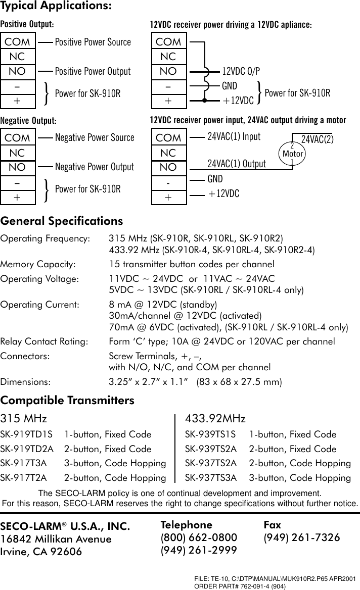 Page 4 of 4 - Seco-Larm-Usa Seco-Larm-Usa-Enforcer-Rf-Receivers-Sk-910R-Users-Manual- MuK910r2c  Seco-larm-usa-enforcer-rf-receivers-sk-910r-users-manual