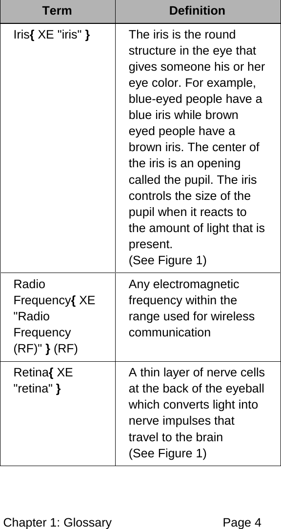 Chapter 1: Glossary Page 4 Term Definition Iris{ XE "iris" } The iris is the round structure in the eye that gives someone his or her eye color. For example, blue-eyed people have a blue iris while brown eyed people have a brown iris. The center of the iris is an opening called the pupil. The iris controls the size of the pupil when it reacts to the amount of light that is present. (See Figure 1) Radio Frequency{ XE "Radio Frequency (RF)" } (RF) Any electromagnetic frequency within the range used for wireless communication Retina{ XE "retina" } A thin layer of nerve cells at the back of the eyeball which converts light into nerve impulses that travel to the brain (See Figure 1)