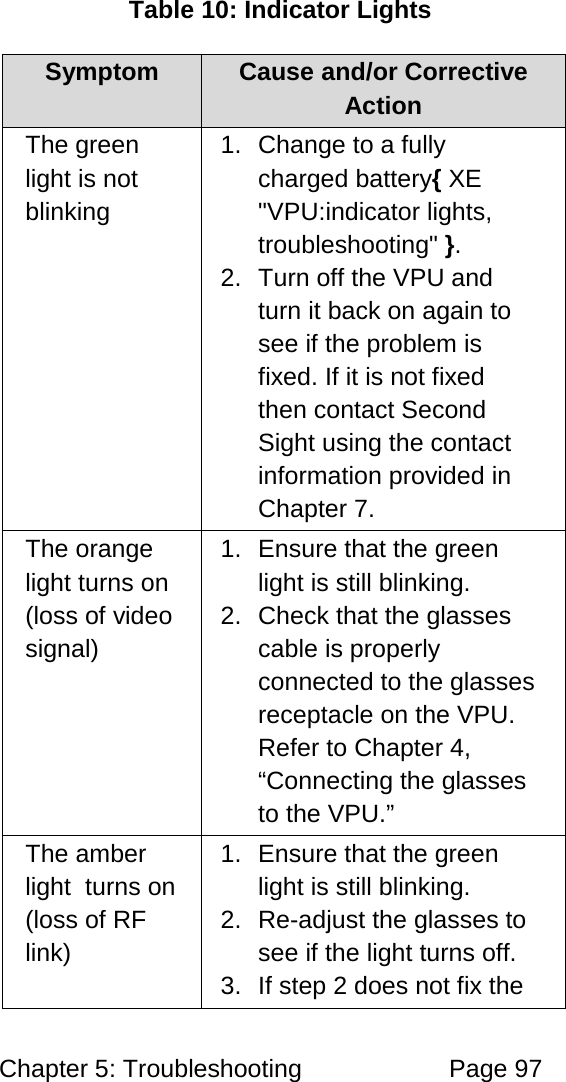 Chapter 5: Troubleshooting Page 97 Table 10: Indicator Lights Symptom Cause and/or Corrective Action The green light is not blinking 1. Change to a fully charged battery{ XE "VPU:indicator lights, troubleshooting" }. 2. Turn off the VPU and turn it back on again to see if the problem is fixed. If it is not fixed then contact Second Sight using the contact information provided in Chapter 7. The orange light turns on (loss of video signal) 1. Ensure that the green light is still blinking. 2. Check that the glasses cable is properly connected to the glasses receptacle on the VPU. Refer to Chapter 4, “Connecting the glasses to the VPU.” The amber light turns on (loss of RF link) 1. Ensure that the green light is still blinking. 2. Re-adjust the glasses to see if the light turns off. 3. If step 2 does not fix the
