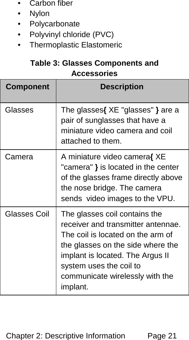 Chapter 2: Descriptive Information Page 21 • Carbon fiber • Nylon • Polycarbonate • Polyvinyl chloride (PVC) • Thermoplastic Elastomeric Table 3: Glasses Components and Accessories Component Description Glasses The glasses{ XE "glasses" } are a pair of sunglasses that have a miniature video camera and coil attached to them. Camera A miniature video camera{ XE "camera" } is located in the center of the glasses frame directly above the nose bridge. The camera sends video images to the VPU. Glasses Coil The glasses coil contains the receiver and transmitter antennae. The coil is located on the arm of the glasses on the side where the implant is located. The Argus II system uses the coil to communicate wirelessly with the implant.