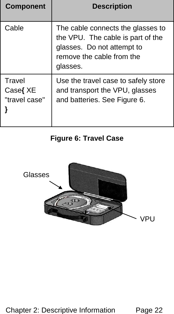Chapter 2: Descriptive Information Page 22 Component Description Cable The cable connects the glasses to the VPU. The cable is part of the glasses. Do not attempt to remove the cable from the glasses. Travel Case{ XE "travel case" } Use the travel case to safely store and transport the VPU, glasses and batteries. See Figure 6. Figure 6: Travel Case Glasses VPU
