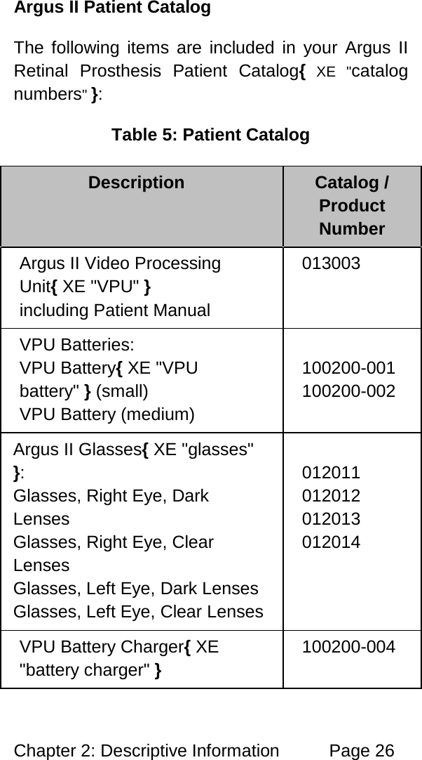 Chapter 2: Descriptive Information Page 26 Argus II Patient Catalog The following items are included in your Argus II Retinal Prosthesis Patient Catalog{ XE "catalog numbers" }: Table 5: Patient Catalog Description Catalog / Product Number Argus II Video Processing Unit{ XE "VPU" } including Patient Manual 013003 VPU Batteries: VPU Battery{ XE "VPU battery" } (small) VPU Battery (medium) 100200-001 100200-002 Argus II Glasses{ XE "glasses" }: Glasses, Right Eye, Dark Lenses Glasses, Right Eye, Clear Lenses Glasses, Left Eye, Dark Lenses Glasses, Left Eye, Clear Lenses 012011 012012 012013 012014 VPU Battery Charger{ XE "battery charger" } 100200-004