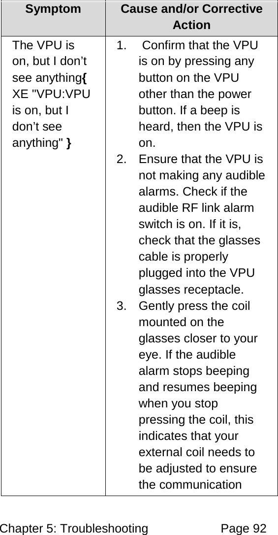 Chapter 5: Troubleshooting Page 92 Symptom Cause and/or Corrective Action The VPU is on, but I don’t see anything{ XE "VPU:VPU is on, but I don’t see anything" } 1. Confirm that the VPU is on by pressing any button on the VPU other than the power button. If a beep is heard, then the VPU is on. 2. Ensure that the VPU is not making any audible alarms. Check if the audible RF link alarm switch is on. If it is, check that the glasses cable is properly plugged into the VPU glasses receptacle. 3. Gently press the coil mounted on the glasses closer to your eye. If the audible alarm stops beeping and resumes beeping when you stop pressing the coil, this indicates that your external coil needs to be adjusted to ensure the communication