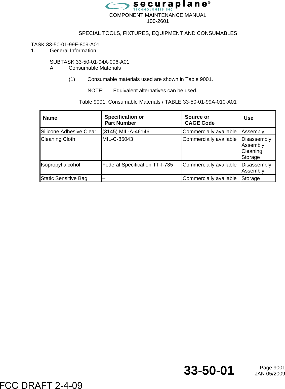  COMPONENT MAINTENANCE MANUAL  100-2601  33-50-01  Page 9001JAN 05/2009 SPECIAL TOOLS, FIXTURES, EQUIPMENT AND CONSUMABLES TASK 33-50-01-99F-809-A01 1. General Information SUBTASK 33-50-01-94A-006-A01 A. Consumable Materials (1)  Consumable materials used are shown in Table 9001. NOTE:  Equivalent alternatives can be used. Table 9001. Consumable Materials / TABLE 33-50-01-99A-010-A01 Name  Specification or  Part Number  Source or CAGE Code  Use Silicone Adhesive Clear  (3145) MIL-A-46146  Commercially available  Assembly Cleaning Cloth  MIL-C-85043  Commercially available  DisassemblyAssembly Cleaning Storage Isopropyl alcohol  Federal Specification TT-I-735 Commercially available DisassemblyAssembly Static Sensitive Bag  –  Commercially available  Storage  FCC DRAFT 2-4-09