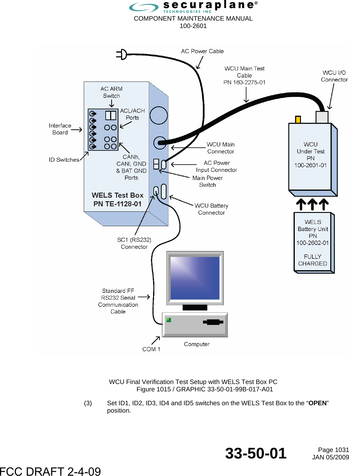  COMPONENT MAINTENANCE MANUAL  100-2601  33-50-01  Page 1031JAN 05/2009      WCU Final Verification Test Setup with WELS Test Box PC Figure 1015 / GRAPHIC 33-50-01-99B-017-A01 (3)  Set ID1, ID2, ID3, ID4 and ID5 switches on the WELS Test Box to the “OPEN” position. FCC DRAFT 2-4-09