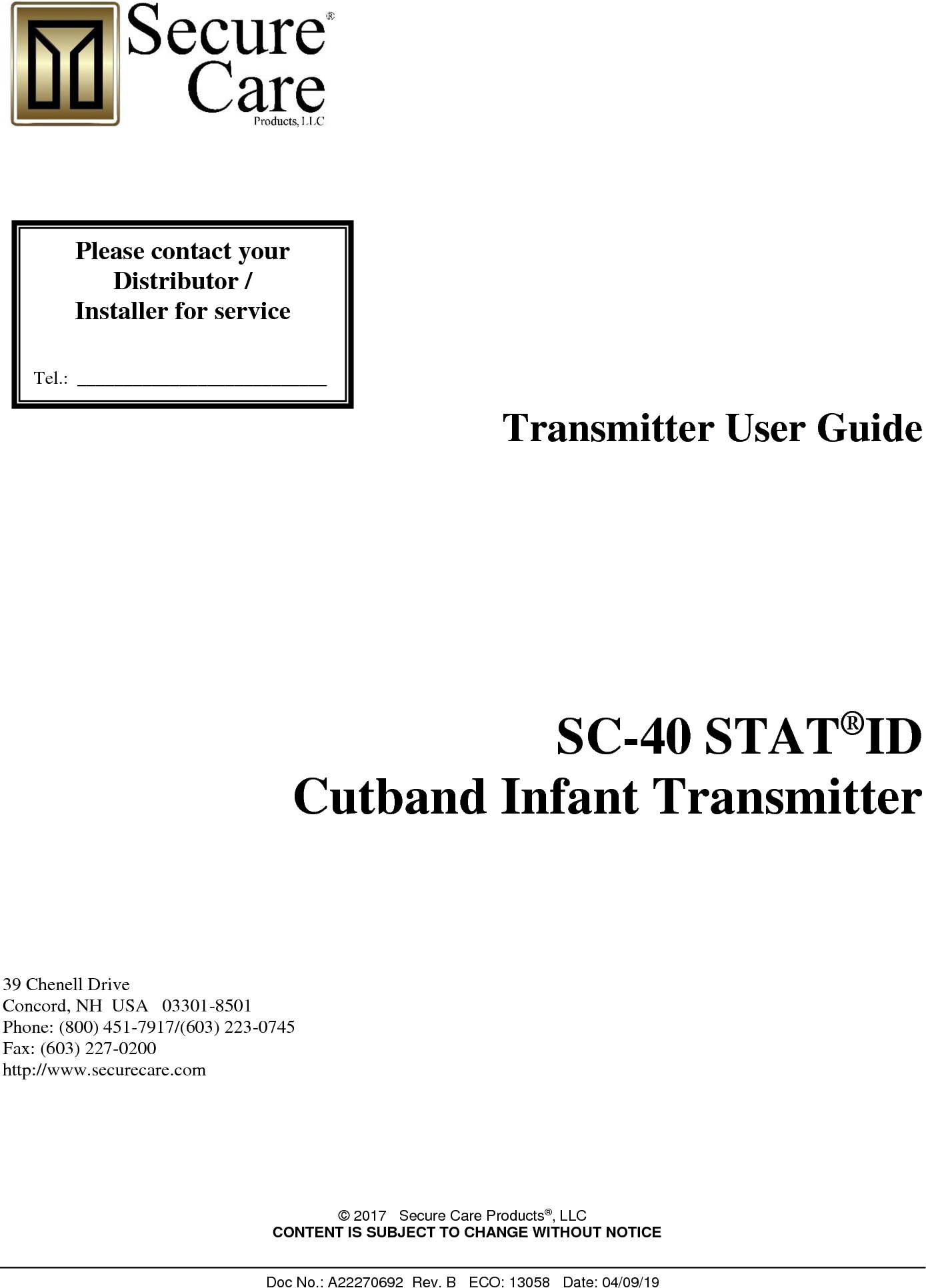 Secure Care B Cutband Infant Transmitter User Manual Secure Care