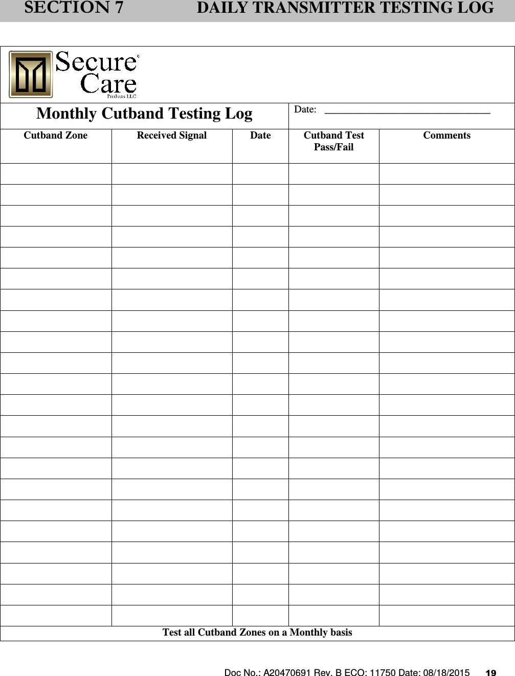 Doc No.: A20470691 Rev. B ECO: 11750 Date: 08/18/2015      19                       Monthly Cutband Testing Log  Date:   ________________________________ Cutband Zone  Received Signal  Date  Cutband Test Pass/Fail Comments                                                                                                                                                                                                                                                                                                                     Test all Cutband Zones on a Monthly basis   SECTION 7 DAILY TRANSMITTER TESTING LOG 