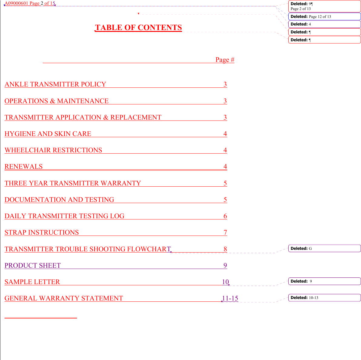 A09000601 Page 2 of 15   TABLE OF CONTENTS                                    Page #   ANKLE TRANSMITTER POLICY        3  OPERATIONS &amp; MAINTENANCE        3  TRANSMITTER APPLICATION &amp; REPLACEMENT         3  HYGIENE AND SKIN CARE         4  WHEELCHAIR RESTRICTIONS        4  RENEWALS           4  THREE YEAR TRANSMITTER WARRANTY           5  DOCUMENTATION AND TESTING       5  DAILY TRANSMITTER TESTING LOG             6  STRAP INSTRUCTIONS         7  TRANSMITTER TROUBLE SHOOTING FLOWCHART      8  PRODUCT SHEET          9  SAMPLE LETTER         10  GENERAL WARRANTY STATEMENT            11-15            Deleted: 9¶Page 2 of 13Deleted: Page 12 of 13 Deleted: 4Deleted: ¶Deleted: ¶Deleted: GDeleted:  9Deleted: 10-13