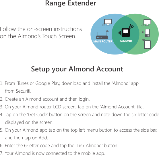 Range ExtenderSetup your Almond AccountFollow the on-screen instructions on the Almond&rsquo;s Touch Screen.1. From iTunes or Google Play, download and install the 'Almond' app    from Securifi.2. Create an Almond account and then login.3. On your Almond router LCD screen, tap on the 'Almond Account' tile.4. Tap on the 'Get Code' button on the screen and note down the six letter code    displayed on the screen.5. On your Almond app tap on the top left menu button to access the side bar,     and then tap on Add.6. Enter the 6-letter code and tap the 'Link Almond' button.7. Your Almond is now connected to the mobile app.