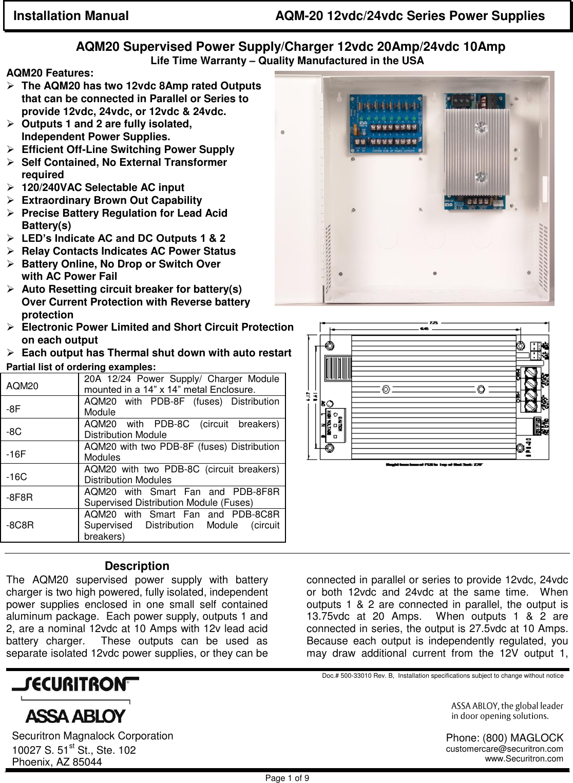 Page 1 of 8 - Securitron SPS-5 And SPS-10 Technical Sales Bulletin AQM-20 Installation Manual I 500-33010 B