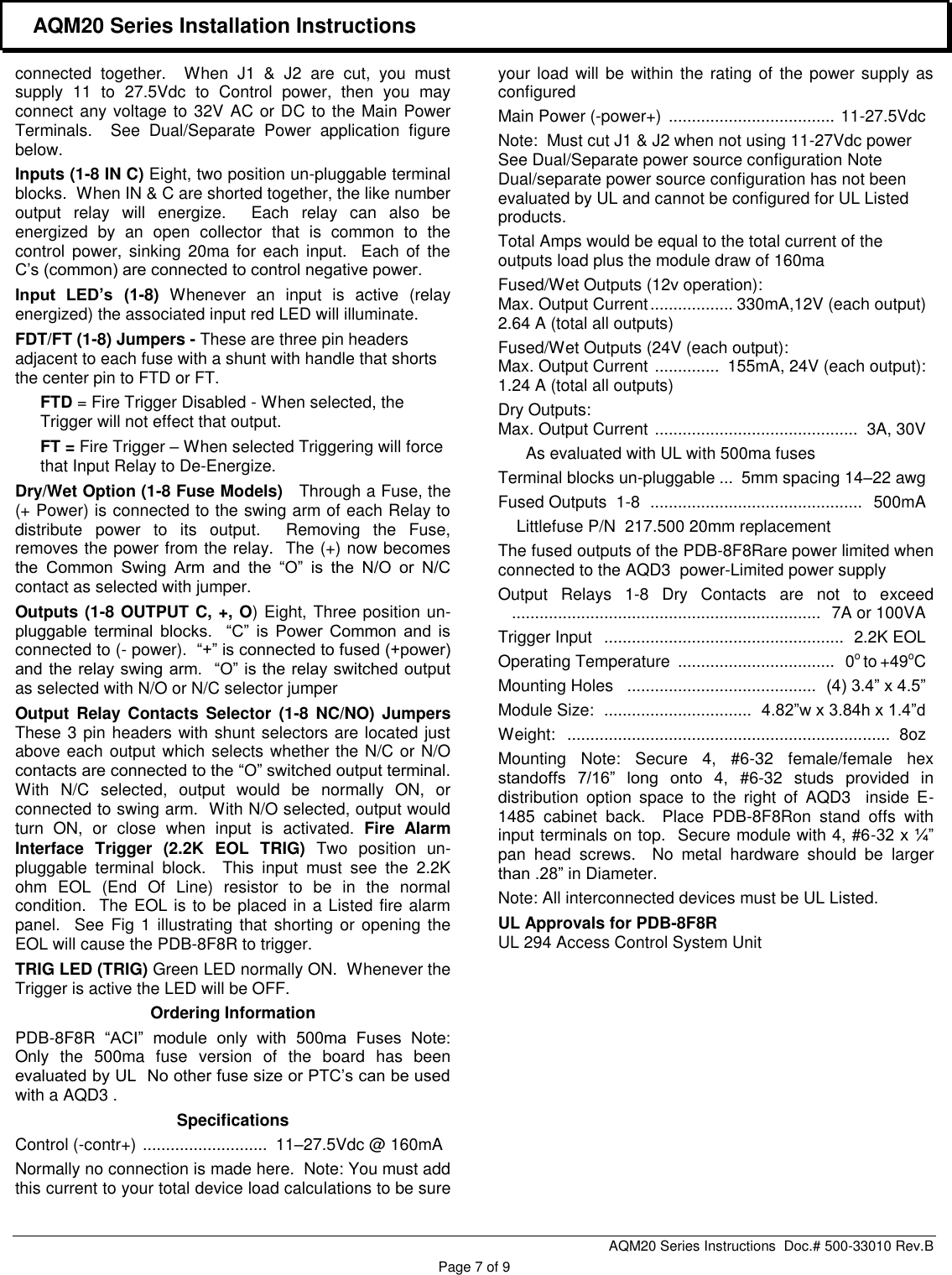 Page 7 of 8 - Securitron SPS-5 And SPS-10 Technical Sales Bulletin AQM-20 Installation Manual I 500-33010 B
