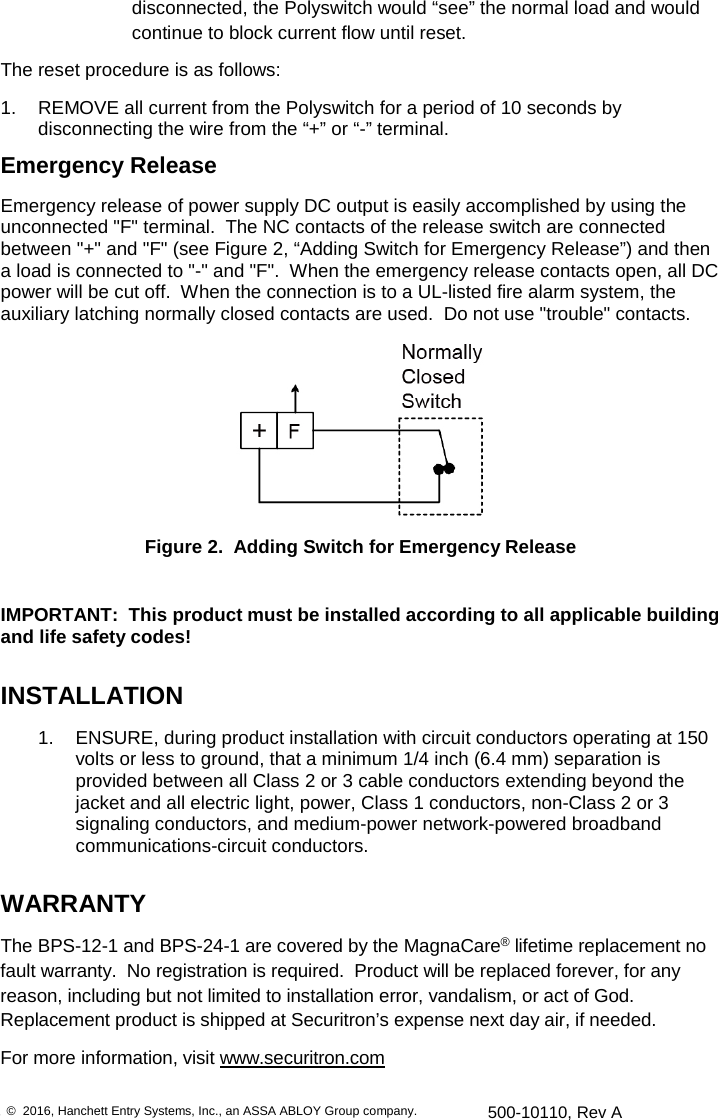 Securitron BPS 12 1 And 24 Operation Installation Instructions 500 10110 A