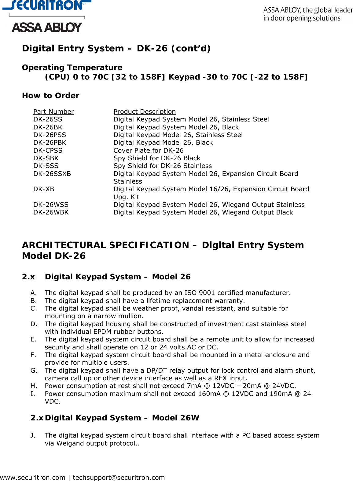 Page 2 of 2 - Securitron - DK26new DK-26 Architectural Specifications Spec