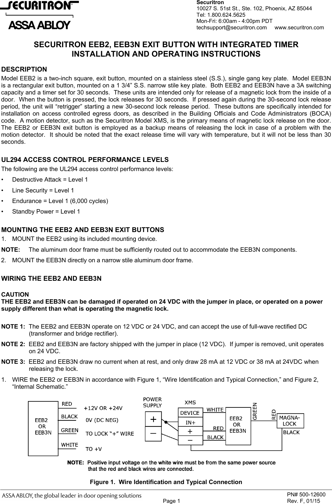 Page 1 of 2 - Securitron - 500-12600_F EEB2, EEB3N Installation And Operating Instructions EEB2 IO 500-12600 F