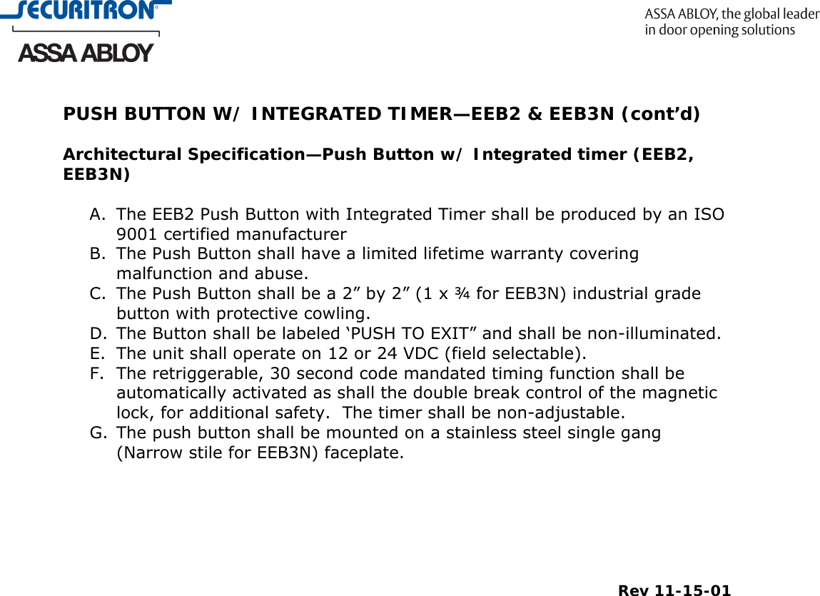 Page 2 of 2 - Securitron - EEB Spec EEB2, EEB3N Architectural Specifications EEB2