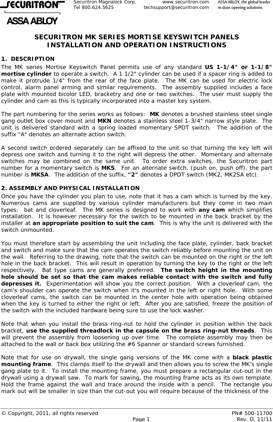 Page 1 of 3 - Securitron - MK SERIES 500-11700_D Installation And Operation Instructions IO 500-11700 20D