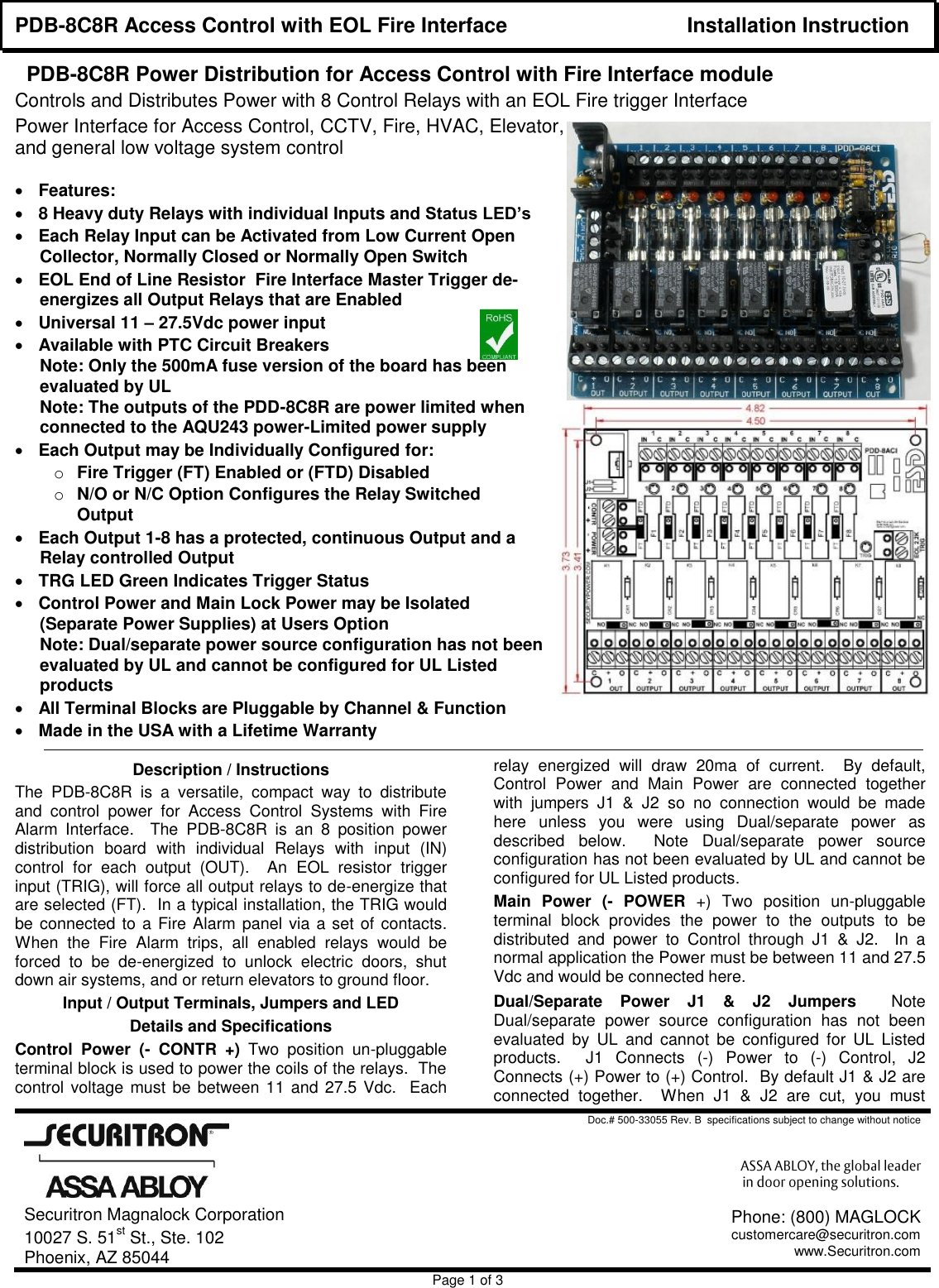 Page 1 of 3 - Securitron PDD9RCT TECHNICAL SALES BULLETIN PDB-8C8R Installation Instructions I 500-33055 B