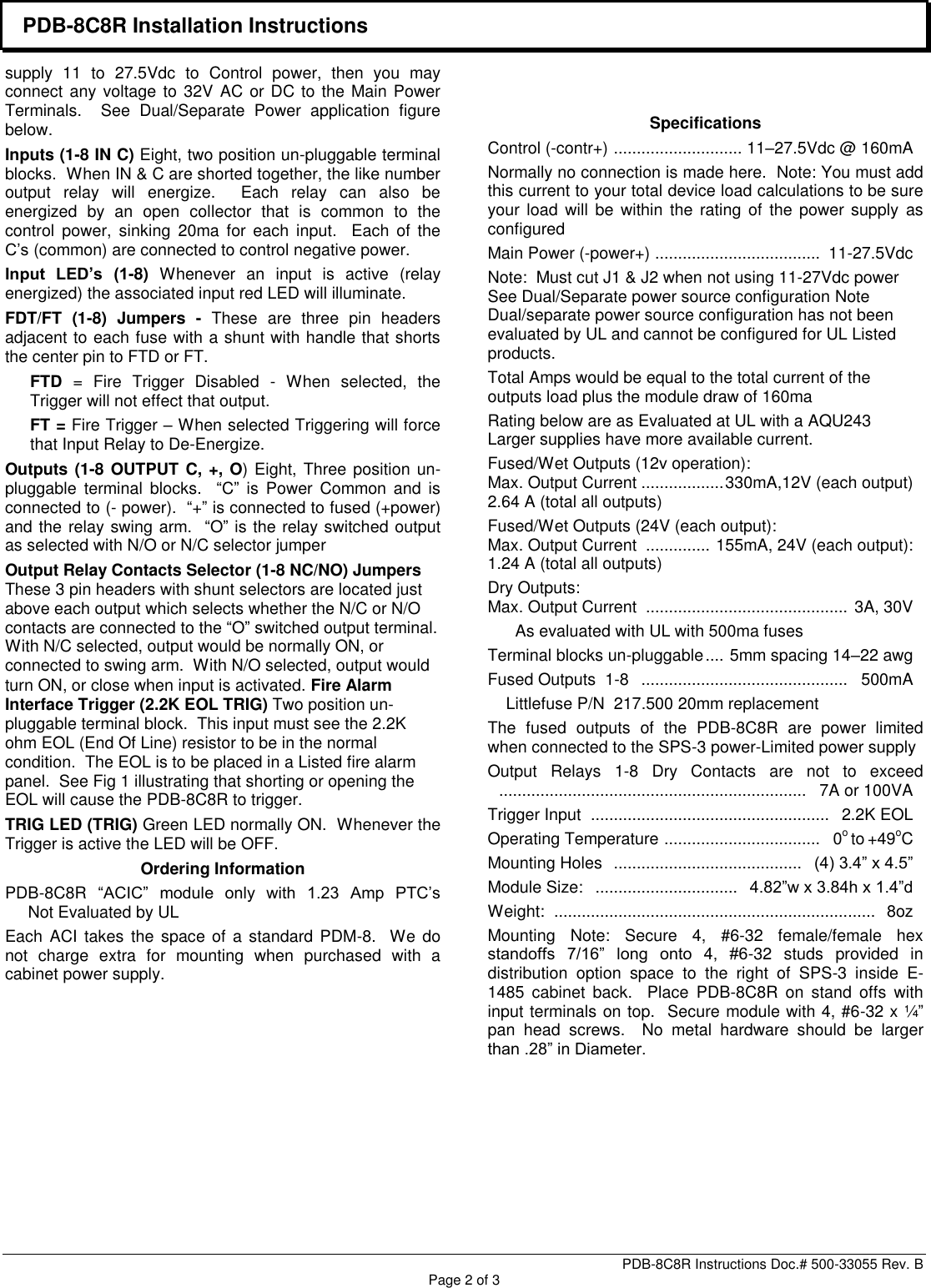 Page 2 of 3 - Securitron PDD9RCT TECHNICAL SALES BULLETIN PDB-8C8R Installation Instructions I 500-33055 B