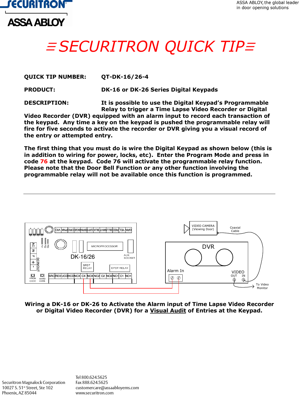 Page 1 of 1 - Securitron - QT-DK-16 26-4 Visual Audit Trail (145 K B) 26 4