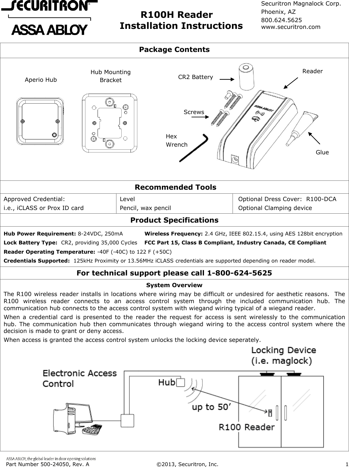 Page 1 of 6 - Securitron  R100H Installation Instructions R100-1H I 500-24050 20A