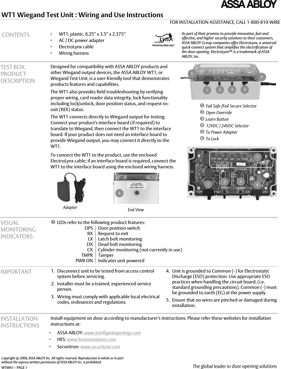 Page 1 of 4 - Securitron - WTMN1A_24SEP08 WT1 Wiring And Use Instructions I 500-63020 A