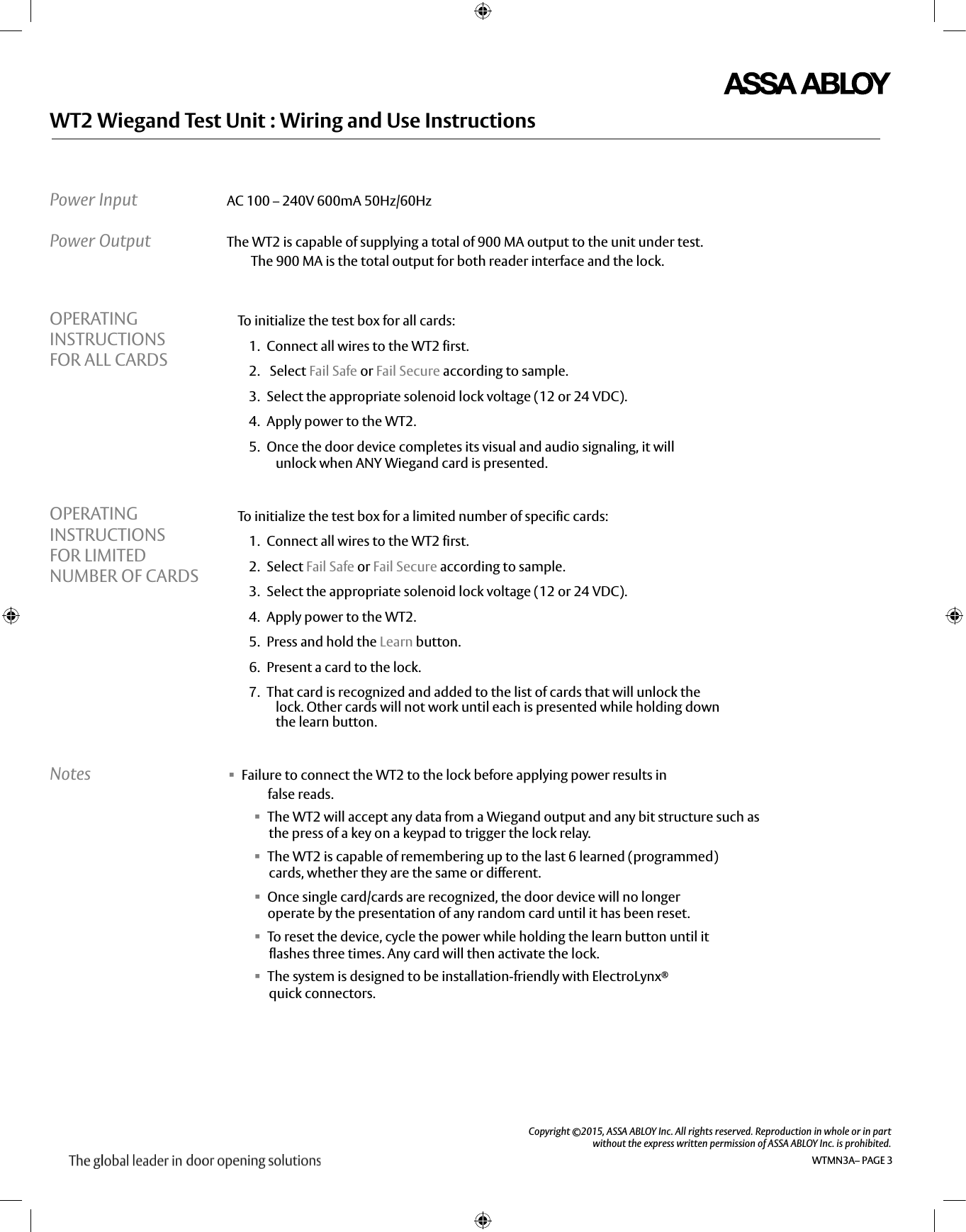Page 3 of 4 - Securitron  WT2 Wiring And Use Instructions WTMN3A I 500-24060