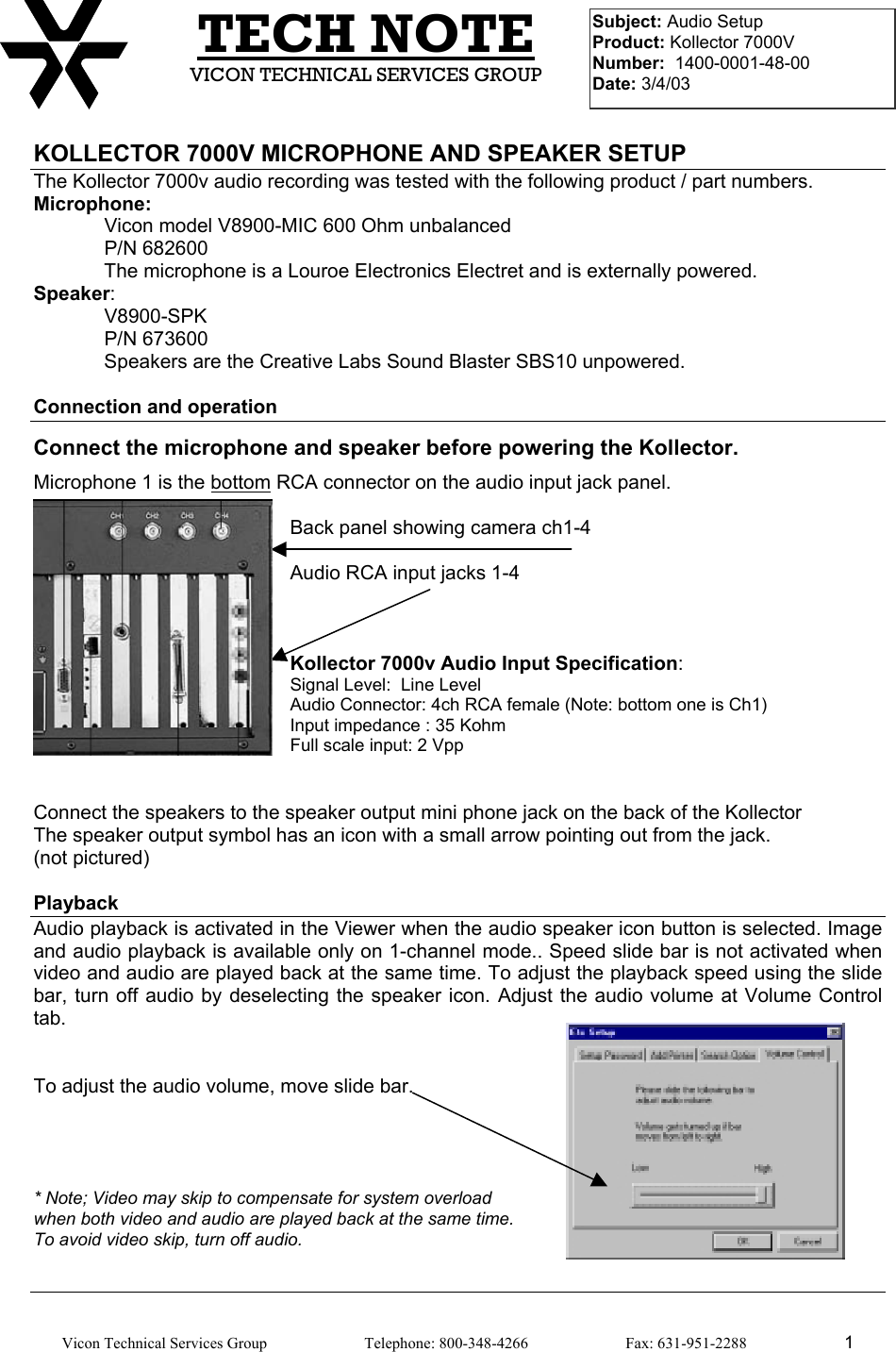 Page 1 of 1 - Security Kol7000V Audio Setup-Note - Setup Note User Manual