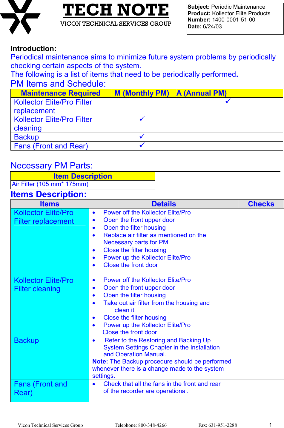 Page 1 of 1 - Security Kollectoreliteperiodicmain - Kollector Elite Periodic Maintenance Note User Manual Main