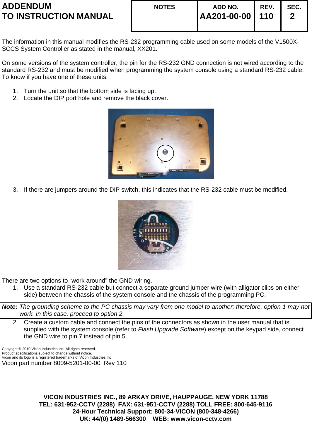 Page 1 of 2 - Security Rs-232-Cable Aa201-00-00 AA181-00-00 Rev 508 VN-855WDR OSD Menu User Manual