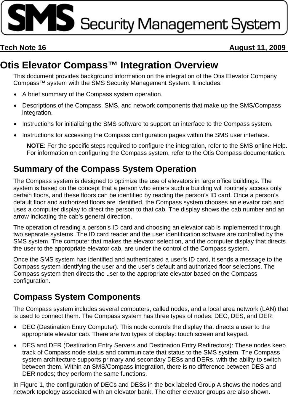 Page 1 of 3 - Security Sms Technote16 Otis Compass(Tm) Integration Elevator Compass Tech Note User Manual Note16