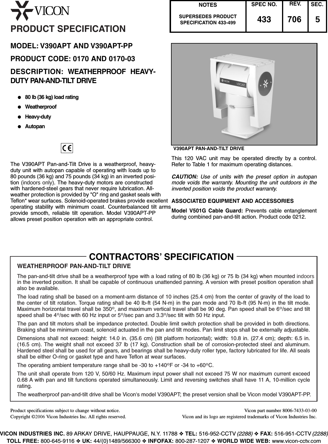 Page 1 of 3 - Security V390Apt Sp433-03-00 !spec433(no UL) User Manual