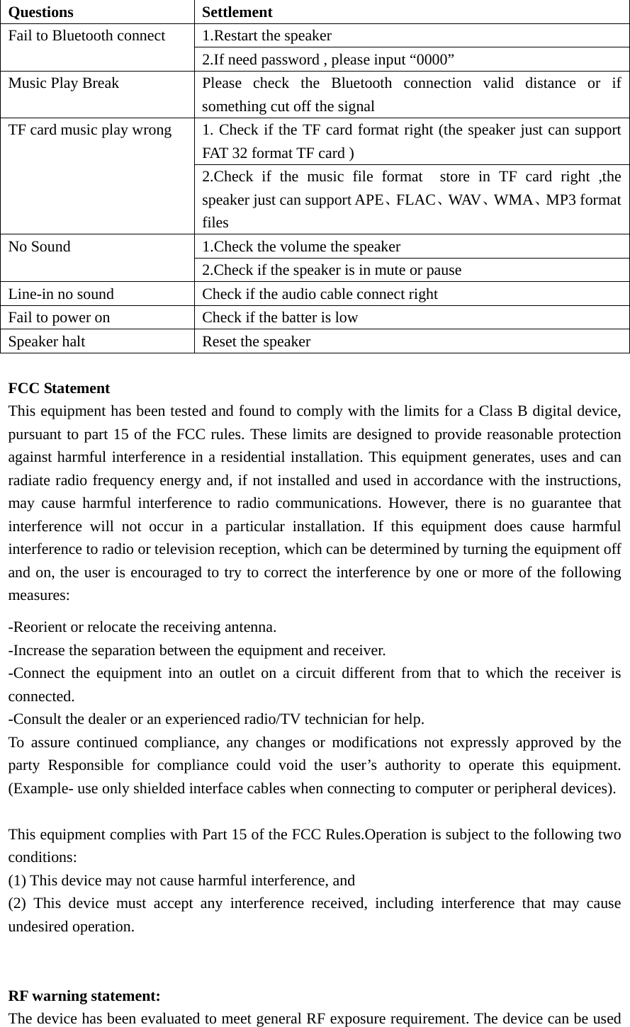  Questions   Settlement  Fail to Bluetooth connect    1.Restart the speaker   2.If need password , please input “0000” Music Play Break      Please  check  the  Bluetooth connection valid distance or if something cut off the signal   TF card music play wrong   1. Check if the TF card format right (the speaker just can support FAT 32 format TF card ) 2.Check if the music file format  store in TF card right ,the speaker just can support APE、FLAC、WAV、WMA、MP3 format files  No Sound    1.Check the volume the speaker   2.Check if the speaker is in mute or pause   Line-in no sound    Check if the audio cable connect right   Fail to power on    Check if the batter is low   Speaker halt  Reset the speaker    FCC Statement This equipment has been tested and found to comply with the limits for a Class B digital device, pursuant to part 15 of the FCC rules. These limits are designed to provide reasonable protection against harmful interference in a residential installation. This equipment generates, uses and can radiate radio frequency energy and, if not installed and used in accordance with the instructions, may cause harmful interference to radio communications. However, there is no guarantee that interference will not occur in a particular installation. If this equipment does cause harmful interference to radio or television reception, which can be determined by turning the equipment off and on, the user is encouraged to try to correct the interference by one or more of the following measures: -Reorient or relocate the receiving antenna. -Increase the separation between the equipment and receiver. -Connect the equipment into an outlet on a circuit different from that to which the receiver is connected. -Consult the dealer or an experienced radio/TV technician for help. To assure continued compliance, any changes or modifications not expressly approved by the party Responsible for compliance could void the user’s authority to operate this equipment. (Example- use only shielded interface cables when connecting to computer or peripheral devices).  This equipment complies with Part 15 of the FCC Rules.Operation is subject to the following two conditions:   (1) This device may not cause harmful interference, and     (2) This device must accept any interference received, including interference that may cause undesired operation.       RF warning statement: The device has been evaluated to meet general RF exposure requirement. The device can be used 