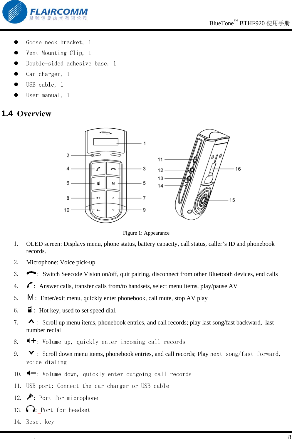                                                                               BlueTone™ BTHF920 使用手册   .       8      Goose-neck bracket, 1   Vent Mounting Clip, 1   Double-sided adhesive base, 1   Car charger, 1   USB cable, 1   User manual, 1 1.4  Overview           Figure 1: Appearance 1.  OLED screen: Displays menu, phone status, battery capacity, call status, caller’s ID and phonebook records. 2.  Microphone: Voice pick-up 3.  : Switch Seecode Vision on/off, quit pairing, disconnect from other Bluetooth devices, end calls 4.  : Answer calls, transfer calls from/to handsets, select menu items, play/pause AV 5.  : Enter/exit menu, quickly enter phonebook, call mute, stop AV play 6.  : Hot key, used to set speed dial.  7.  : Scroll up menu items, phonebook entries, and call records; play last song/fast backward, last number redial 8.  : Volume up, quickly enter incoming call records 9.  : Scroll down menu items, phonebook entries, and call records; Play next song/fast forward, voice dialing 10.  : Volume down, quickly enter outgoing call records 11. USB port: Connect the car charger or USB cable 12.  : Port for microphone 13.  : Port for headset 14. Reset key  