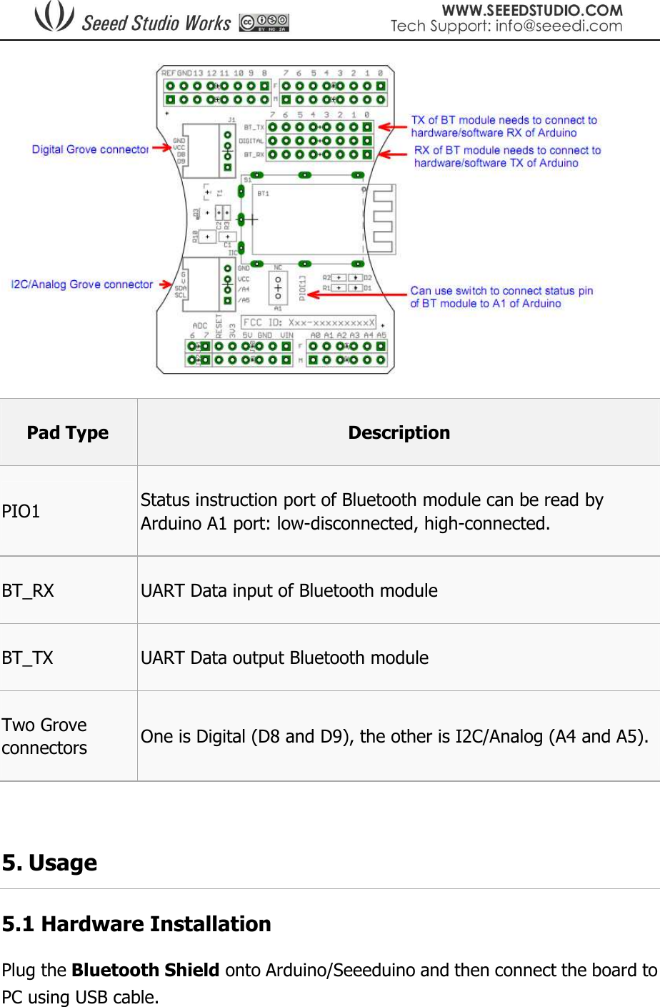   Pad Type  Description PIO1  Status instruction port of Bluetooth module can be read by Arduino A1 port: low-disconnected, high-connected. BT_RX  UART Data input of Bluetooth module BT_TX  UART Data output Bluetooth module Two Grove connectors  One is Digital (D8 and D9), the other is I2C/Analog (A4 and A5).  5. Usage 5.1 Hardware Installation Plug the Bluetooth Shield onto Arduino/Seeeduino and then connect the board to PC using USB cable. 