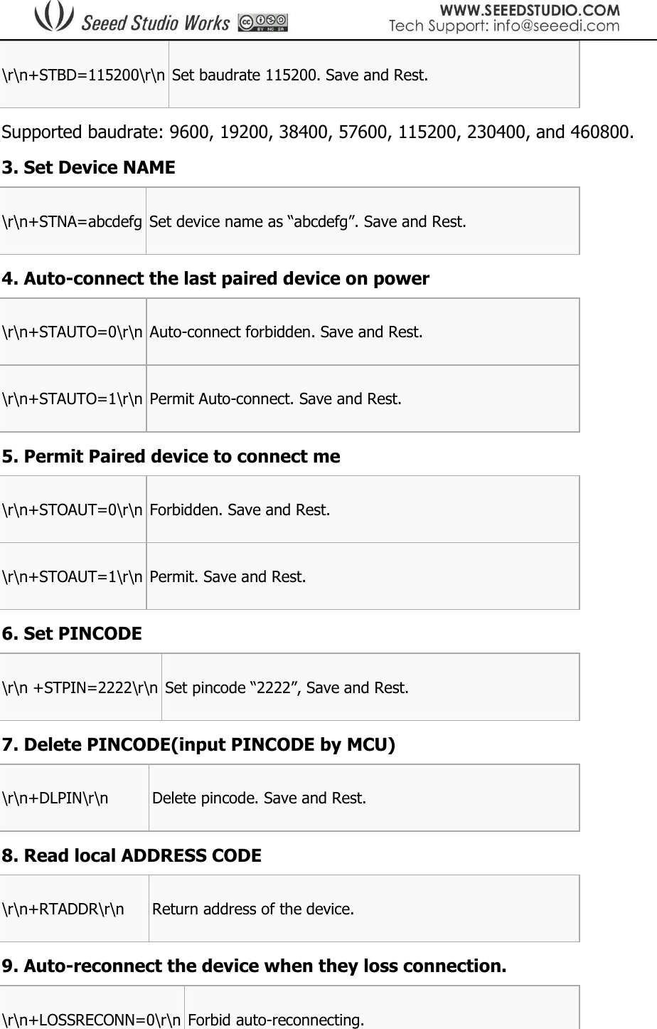  \r\n+STBD=115200\r\n Set baudrate 115200. Save and Rest. Supported baudrate: 9600, 19200, 38400, 57600, 115200, 230400, and 460800. 3. Set Device NAME \r\n+STNA=abcdefg Set device name as “abcdefg”. Save and Rest. 4. Auto-connect the last paired device on power \r\n+STAUTO=0\r\n Auto-connect forbidden. Save and Rest. \r\n+STAUTO=1\r\n Permit Auto-connect. Save and Rest. 5. Permit Paired device to connect me \r\n+STOAUT=0\r\n Forbidden. Save and Rest. \r\n+STOAUT=1\r\n Permit. Save and Rest. 6. Set PINCODE \r\n +STPIN=2222\r\n Set pincode “2222”, Save and Rest. 7. Delete PINCODE(input PINCODE by MCU) \r\n+DLPIN\r\n  Delete pincode. Save and Rest. 8. Read local ADDRESS CODE \r\n+RTADDR\r\n  Return address of the device. 9. Auto-reconnect the device when they loss connection. \r\n+LOSSRECONN=0\r\n Forbid auto-reconnecting. 