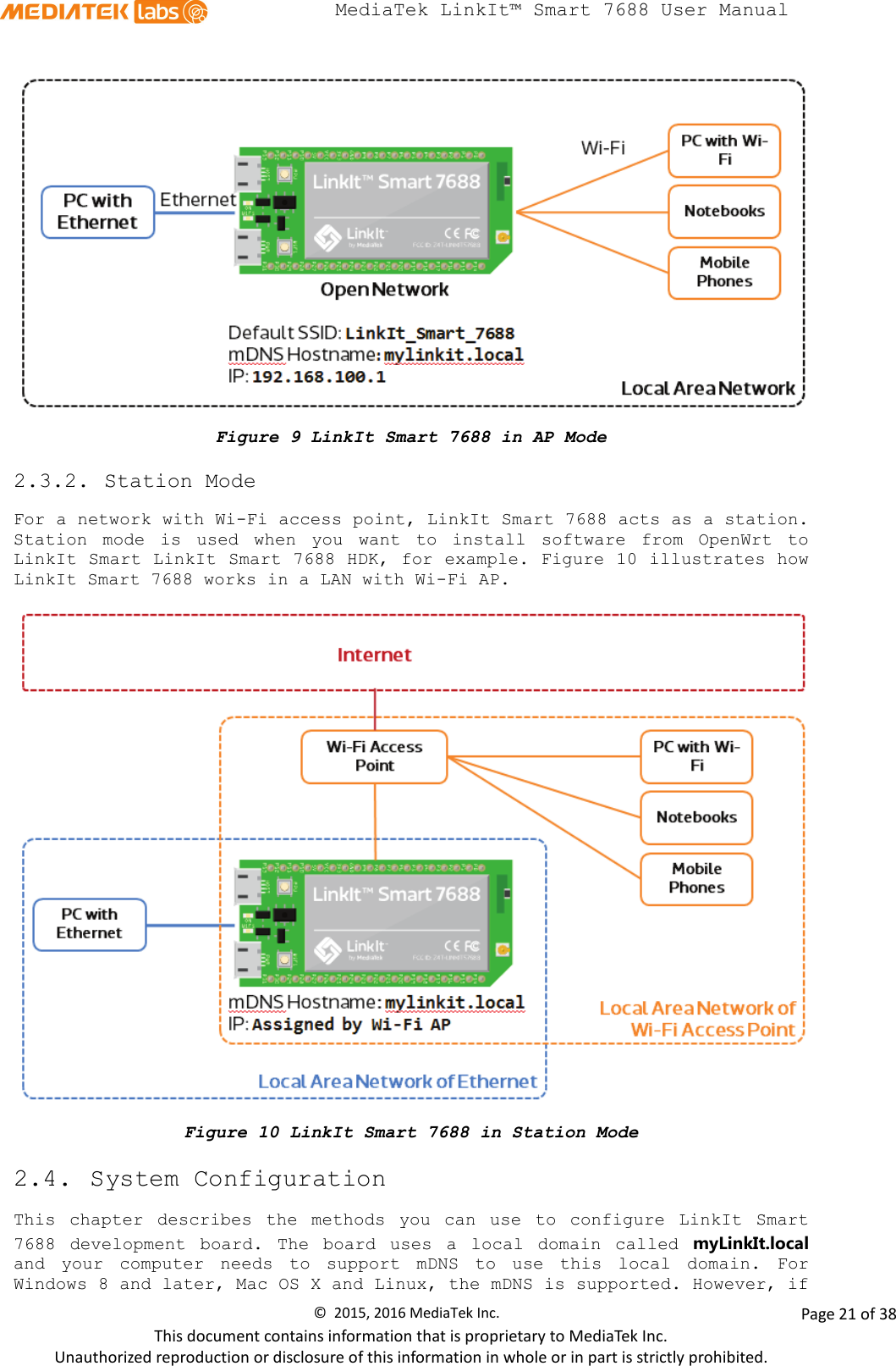  MediaTek LinkIt™ Smart 7688 User Manual     Figure 9 LinkIt Smart 7688 in AP Mode 2.3.2. Station Mode For a network with Wi-Fi access point, LinkIt Smart 7688 acts as a station. Station mode is used when you want to install software from OpenWrt to LinkIt Smart LinkIt Smart 7688 HDK, for example. Figure 10 illustrates how LinkIt Smart 7688 works in a LAN with Wi-Fi AP.  Figure 10 LinkIt Smart 7688 in Station Mode 2.4. System Configuration This chapter describes the methods you can use to configure LinkIt Smart 7688  development board.  The board uses a local domain called  myLinkIt.local and your computer needs to support mDNS to use this local domain. For Windows 8 and later, Mac OS X and Linux, the mDNS is supported. However, if ©  2015, 2016 MediaTek Inc.                Page 21 of 38 This document contains information that is proprietary to MediaTek Inc. Unauthorized reproduction or disclosure of this information in whole or in part is strictly prohibited. 