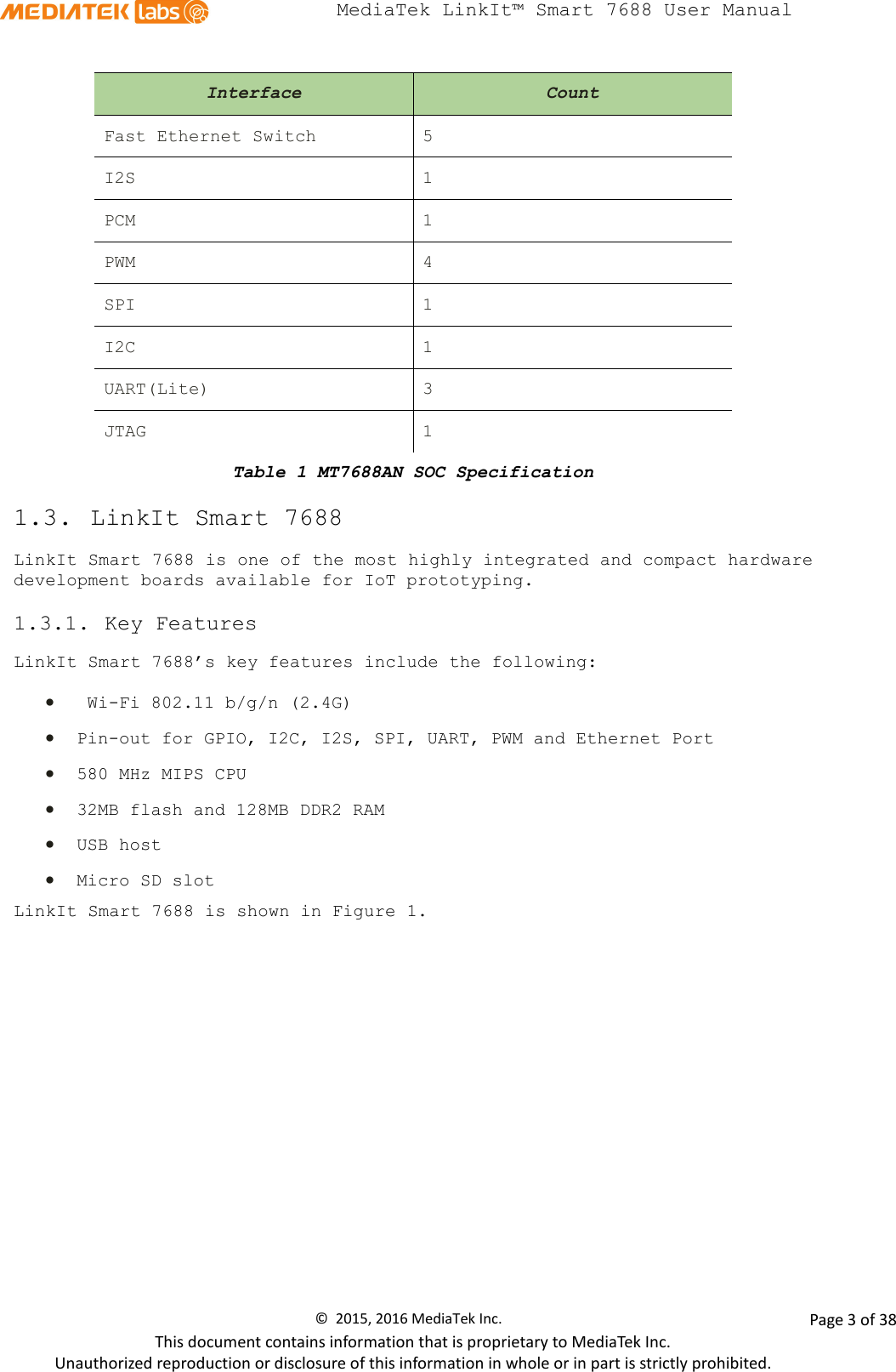  MediaTek LinkIt™ Smart 7688 User Manual    Interface Count Fast Ethernet Switch  5 I2S  1 PCM  1 PWM  4 SPI  1 I2C  1 UART(Lite)  3 JTAG  1 Table 1 MT7688AN SOC Specification 1.3. LinkIt Smart 7688 LinkIt Smart 7688 is one of the most highly integrated and compact hardware development boards available for IoT prototyping.  1.3.1. Key Features LinkIt Smart 7688’s key features include the following:  •  Wi-Fi 802.11 b/g/n (2.4G) • Pin-out for GPIO, I2C, I2S, SPI, UART, PWM and Ethernet Port • 580 MHz MIPS CPU • 32MB flash and 128MB DDR2 RAM • USB host  • Micro SD slot LinkIt Smart 7688 is shown in Figure 1. ©  2015, 2016 MediaTek Inc.                Page 3 of 38 This document contains information that is proprietary to MediaTek Inc. Unauthorized reproduction or disclosure of this information in whole or in part is strictly prohibited. 