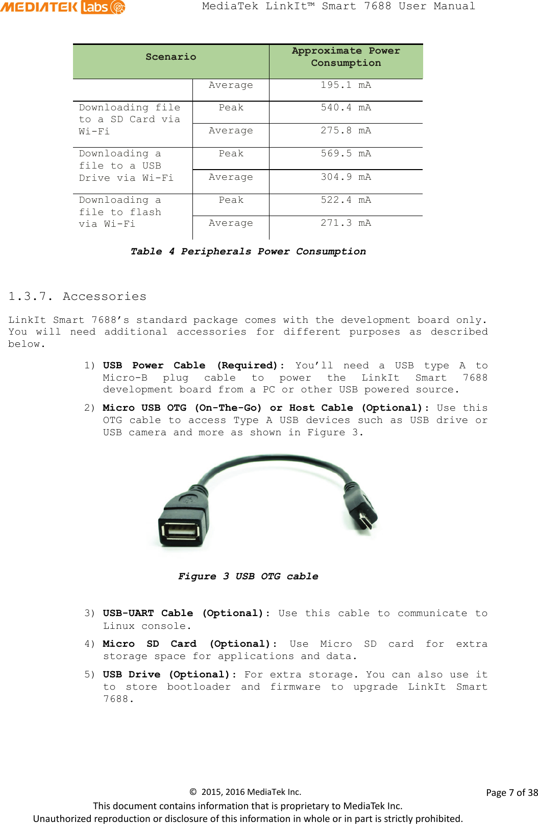  MediaTek LinkIt™ Smart 7688 User Manual    Scenario Approximate Power Consumption Average 195.1 mA Downloading file to a SD Card via Wi-Fi Peak 540.4 mA Average 275.8 mA Downloading a file to a USB Drive via Wi-Fi Peak 569.5 mA Average 304.9 mA Downloading a file to flash via Wi-Fi Peak 522.4 mA Average 271.3 mA Table 4 Peripherals Power Consumption  1.3.7. Accessories LinkIt Smart 7688’s standard package comes with the development board only. You will need additional accessories for different purposes as described below. 1) USB  Power  Cable  (Required):  You’ll need a USB type A to Micro-B  plug  cable to power the LinkIt Smart 7688 development board from a PC or other USB powered source.  2) Micro USB OTG (On-The-Go) or Host Cable (Optional): Use this OTG cable to access Type A USB devices such as USB drive or USB camera and more as shown in Figure 3.  Figure 3 USB OTG cable  3) USB-UART Cable (Optional): Use this cable to communicate to Linux console. 4) Micro  SD  Card  (Optional):  Use Micro SD card for  extra storage space for applications and data. 5) USB Drive (Optional): For extra storage. You can also use it to  store bootloader and firmware to  upgrade LinkIt Smart 7688. ©  2015, 2016 MediaTek Inc.                Page 7 of 38 This document contains information that is proprietary to MediaTek Inc. Unauthorized reproduction or disclosure of this information in whole or in part is strictly prohibited. 