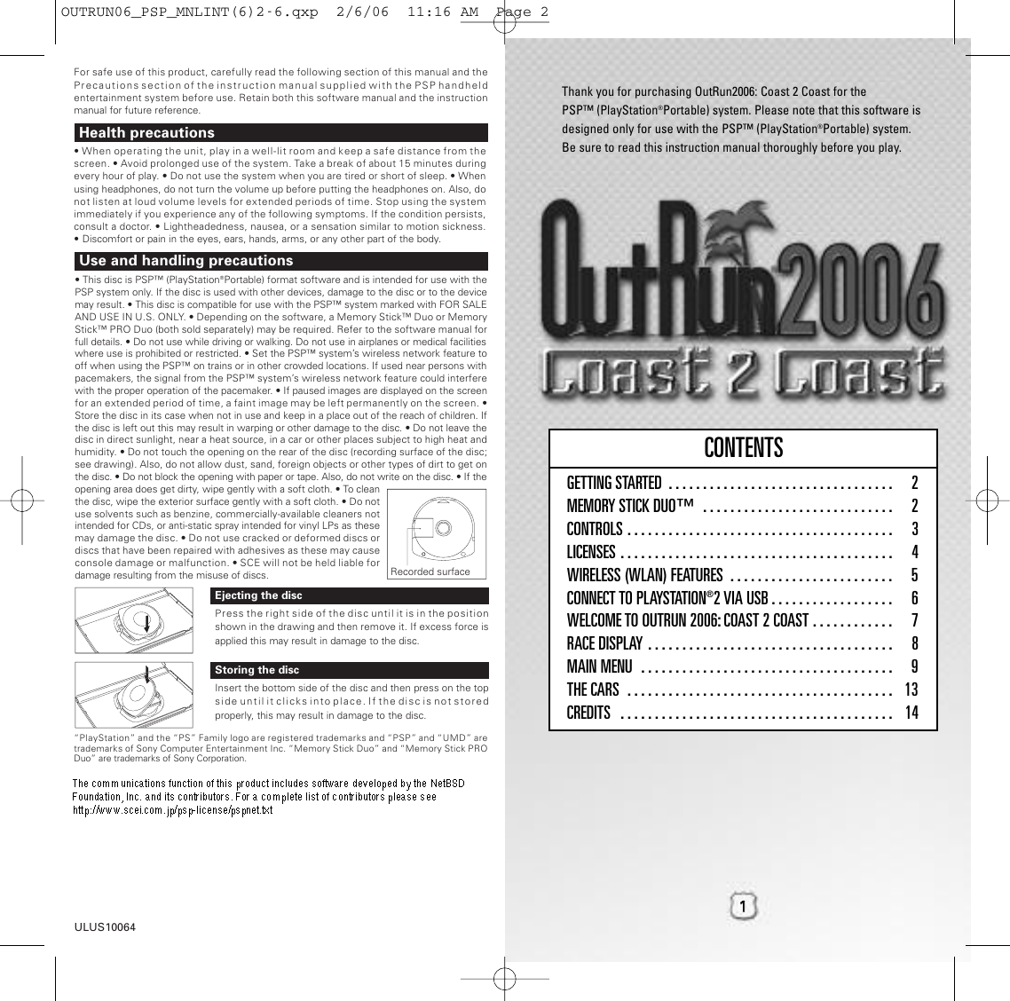 Page 1 of 9 - Sega Sega-Outrun-2006-Coast-2-Coast-Ulus-10064-Users-Manual- _PSP_MNLINT  Sega-outrun-2006-coast-2-coast-ulus-10064-users-manual