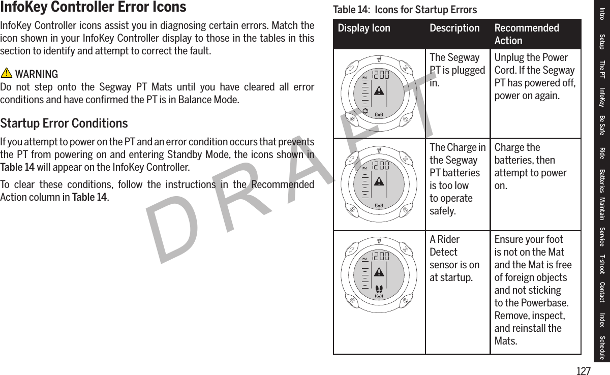 127DRAFTInfoKey Controller Error IconsInfoKey Controller icons assist you in diagnosing certain errors. Match the icon shown in your InfoKey Controller display to those in the tables in this section to identify and attempt to correct the fault. WARNINGDo not step onto the Segway PT Mats until you have cleared all error conditions and have conﬁrmed the PT is in Balance Mode.Startup Error ConditionsIf you attempt to power on the PT and an error condition occurs that prevents the PT from powering on and entering Standby Mode, the icons shown in Table14 will appear on the InfoKey Controller.To clear these conditions, follow the instructions in the Recommended Action column in Table14.Table14:IconsforStartupErrorsDisplay Icon Description Recommended ActionThe Segway PT is plugged in.Unplug the Power Cord. If the Segway PT has powered off, power on again.The Charge in the Segway PT batteries is too low to operate safely.Charge the batteries, then attempt to power on.A Rider Detect sensor is on at startup. Ensure your foot is not on the Mat and the Mat is free of foreign objects and not sticking to the Powerbase. Remove, inspect, and reinstall the Mats. Intro Setup The PT InfoKey Be Safe Ride Batteries Maintain Service T-shoot Contact  Index Schedule