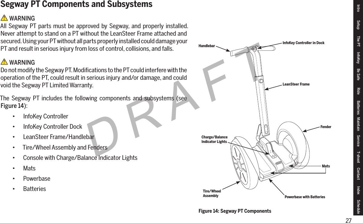 27DRAFTSegway PT Components and Subsystems WARNINGAll Segway PT parts must be approved by Segway, and properly installed. Never attempt to stand on a PT without the LeanSteer Frame attached and secured. Using your PT without all parts properly installed could damage your PT and result in serious injury from loss of control, collisions, and falls. WARNINGDo not modify the Segway PT. Modiﬁcations to the PT could interfere with the operation of the PT, could result in serious injury and/or damage, and could void the Segway PT Limited Warranty.The Segway PT includes the following components and subsystems (see Figure14):&bull; InfoKey Controller&bull; InfoKey Controller Dock&bull; LeanSteer Frame/Handlebar&bull; Tire/Wheel Assembly and Fenders&bull; Console with Charge/Balance Indicator Lights&bull; Mats&bull; Powerbase&bull; BatteriesIntro Setup The PT InfoKey Be Safe Ride Batteries Maintain Service T-shoot Contact  Index ScheduleFigure 14: Segway PT ComponentsHandlebar InfoKey Controller in DockMatsLeanSteer FrameFenderPowerbase with BatteriesTire/WheelAssemblyCharge/BalanceIndicator Lights