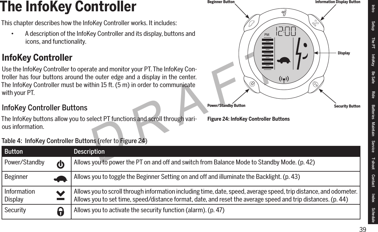 39DRAFTThe InfoKey ControllerThis chapter describes how the InfoKey Controller works. It includes:&bull; A description of the InfoKey Controller and its display, buttons and icons, and functionality.InfoKey ControllerUse the InfoKey Controller to operate and monitor your PT. The InfoKey Con-troller has four buttons around the outer edge and a display in the center. The InfoKey Controller must be within 15 ft. (5 m) in order to communicate with your PT.InfoKey Controller ButtonsThe InfoKey buttons allow you to select PT functions and scroll through vari-ous information.Power/Standby ButtonInformation Display ButtonBeginner ButtonSecurity ButtonDisplayFigure 24: InfoKey Controller ButtonsButton DescriptionPower/Standby Allows you to power the PT on and off and switch from Balance Mode to Standby Mode. (p. 42)Beginner Allows you to toggle the Beginner Setting on and off and illuminate the Backlight. (p. 43)InformationDisplayAllows you to scroll through information including time, date, speed, average speed, trip distance, and odometer.Allows you to set time, speed/distance format, date, and reset the average speed and trip distances. (p. 44)Security Allows you to activate the security function (alarm). (p. 47)Table4:InfoKeyControllerButtons (refer to Figure24)Intro Setup The PT InfoKey Be Safe Ride Batteries Maintain Service T-shoot Contact  Index Schedule