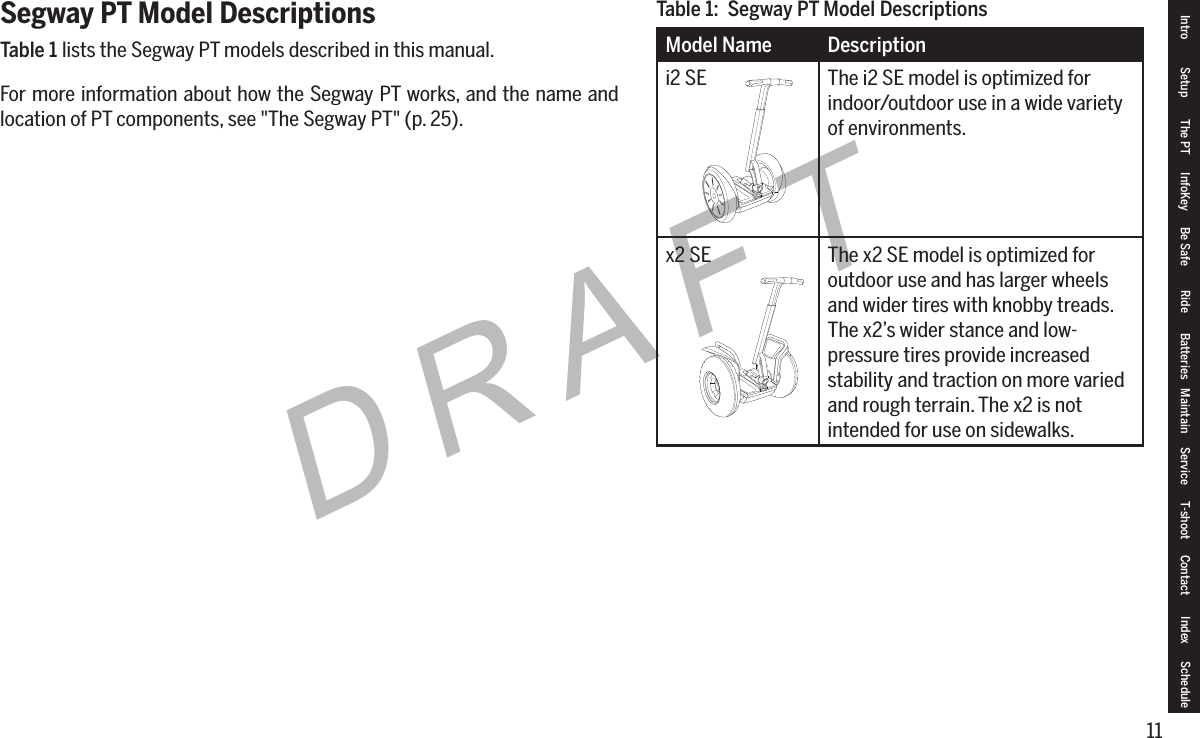 11DRAFTSegway PT Model DescriptionsTable 1 lists the Segway PT models described in this manual.For more information about how the Segway PT works, and the name and location of PT components, see "The Segway PT" (p. 25).Model Name Descriptioni2 SE The i2 SE model is optimized for indoor/outdoor use in a wide variety of environments.x2 SE The x2 SE model is optimized for outdoor use and has larger wheels and wider tires with knobby treads. The x2&rsquo;s wider stance and low-pressure tires provide increased stability and traction on more varied and rough terrain. The x2 is not intended for use on sidewalks.Table 1:  Segway PT Model DescriptionsIntro Setup The PT InfoKey Be Safe Ride Batteries Maintain Service T-shoot Contact  Index Schedule