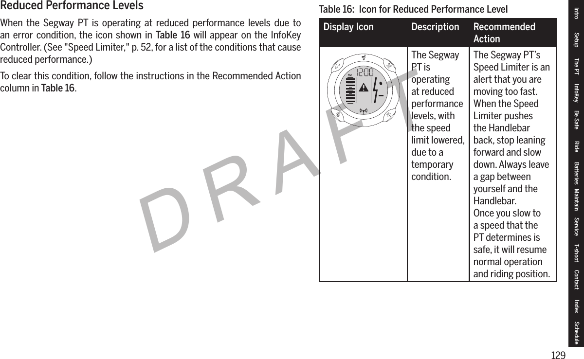 129DRAFTReduced Performance LevelsWhen the Segway PT is operating at reduced performance levels due to an error condition, the icon shown in Table 16 will appear on the InfoKey Controller. (See "Speed Limiter," p. 52, for a list of the conditions that cause reduced performance.)To clear this condition, follow the instructions in the Recommended Action column in Table 16.Table 16:  Icon for Reduced Performance LevelDisplay Icon Description Recommended ActionThe Segway PT is operating at reduced performance levels, with the speed limit lowered, due to a temporary condition.The Segway PT&rsquo;s Speed Limiter is an alert that you are moving too fast. When the Speed Limiter pushes the Handlebar back, stop leaning forward and slow down. Always leave a gap between yourself and the Handlebar.Once you slow to a speed that the PT determines is safe, it will resume normal operation and riding position.Intro Setup The PT InfoKey Be Safe Ride Batteries Maintain Service T-shoot Contact  Index Schedule