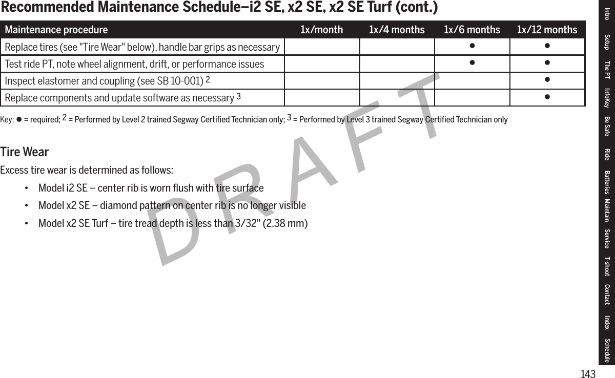 143DRAFTRecommended Maintenance Schedule&ndash;i2 SE, x2 SE, x2 SE Turf (cont.)Maintenance procedure:1x/month 1x/4months 1x/6 months 1x/12 monthsReplace tires (see "Tire Wear" below), handle bar grips as necessary  Test ride PT, note wheel alignment, drift, or performance issues  Inspect elastomer and coupling (see SB 10-001) 2Replace components and update software as necessary 3Tire WearExcess tire wear is determined as follows:&bull; Model i2 SE &ndash; center rib is worn ﬂush with tire surface&bull; Model x2 SE &ndash; diamond pattern on center rib is no longer visible&bull; Model x2 SE Turf &ndash; tire tread depth is less than 3/32" (2.38 mm)Key:  = required; 2 = Performed by Level 2 trained Segway Certified Technician only; 3 = Performed by Level 3 trained Segway Certified Technician onlyIntro Setup The PT InfoKey Be Safe Ride Batteries Maintain Service T-shoot Contact  Index Schedule